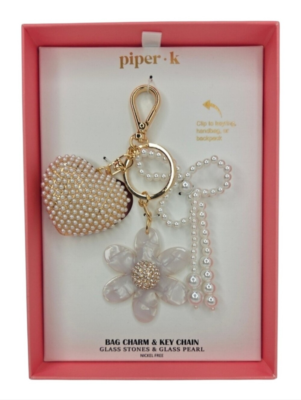 🤍▪️piper K ▪️ Uk Exclusive Gold-Tone Pearl Heart & Clear Flower Keychain